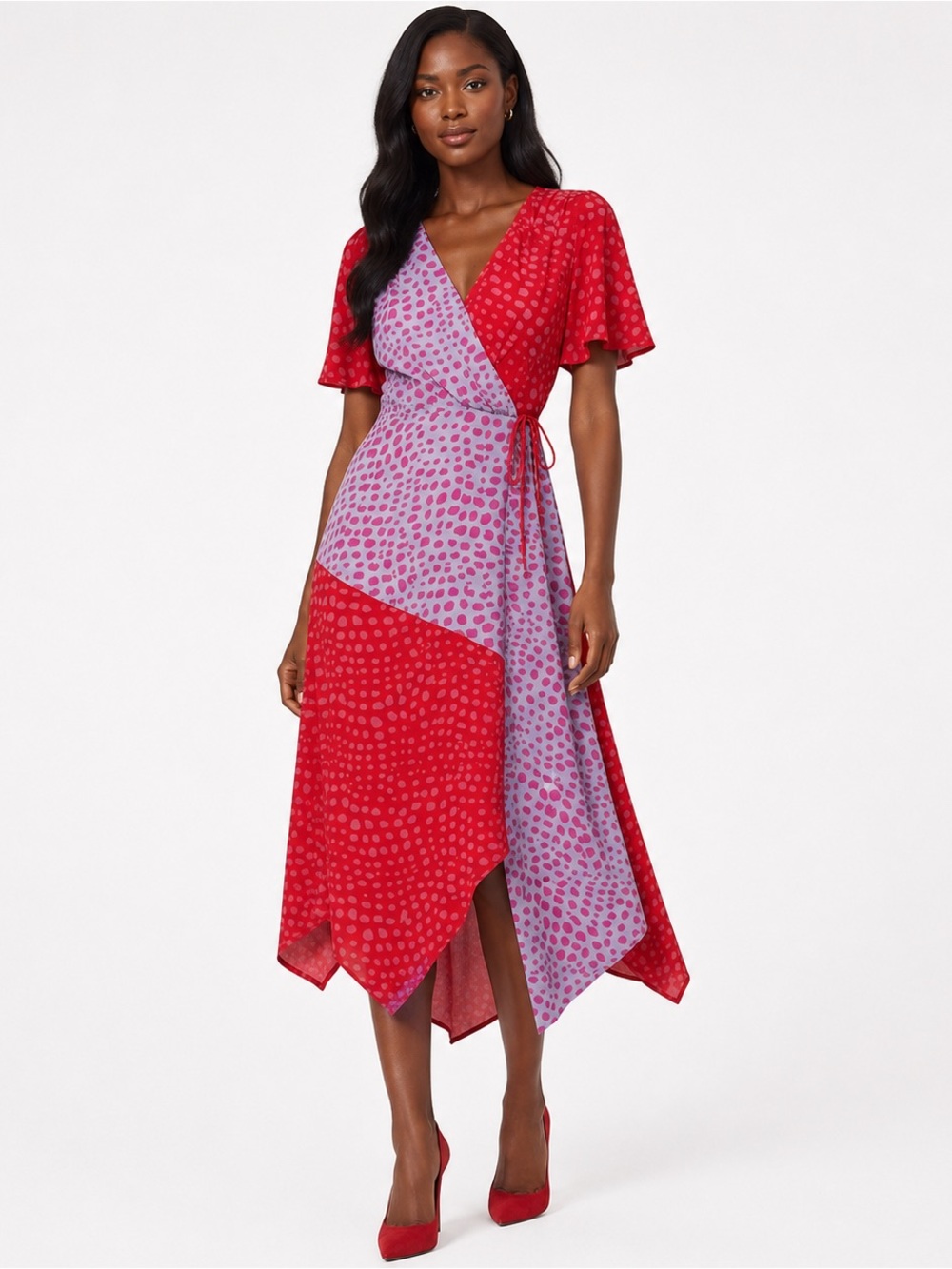 Adelyn Rae Lorna Colorblock Polka Dot Wrap Midi Dress Pink Red XS